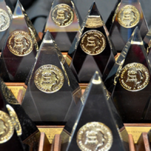 Pyramidal-shaped awards of recognition.