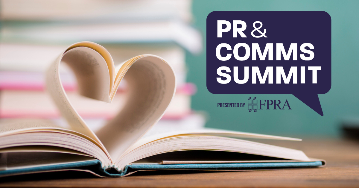 A book with flipped pages that take the shape of a heart with PR & Comms Summit logo